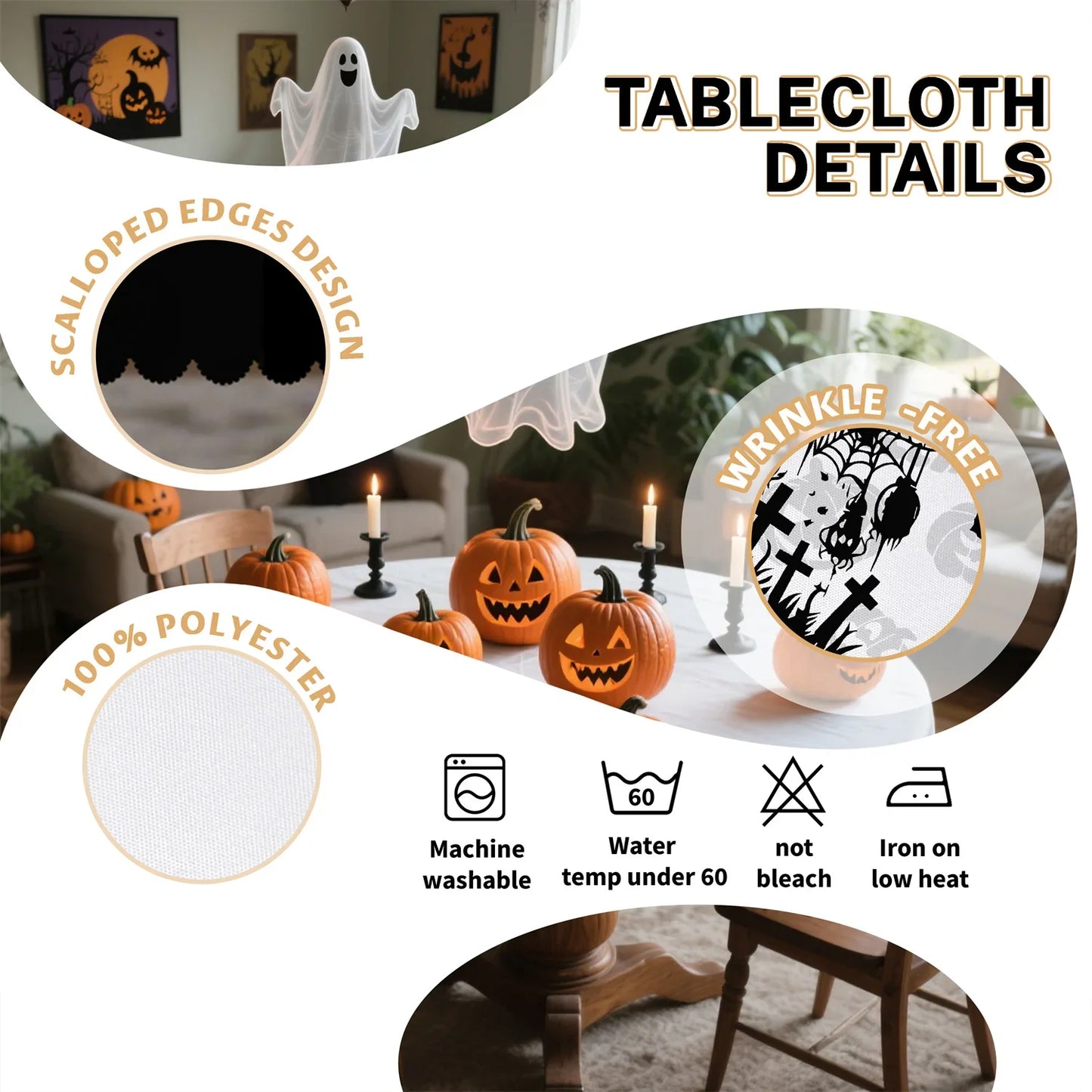 Witch cemetery Halloween tablecloth with pumpkin skeleton decor