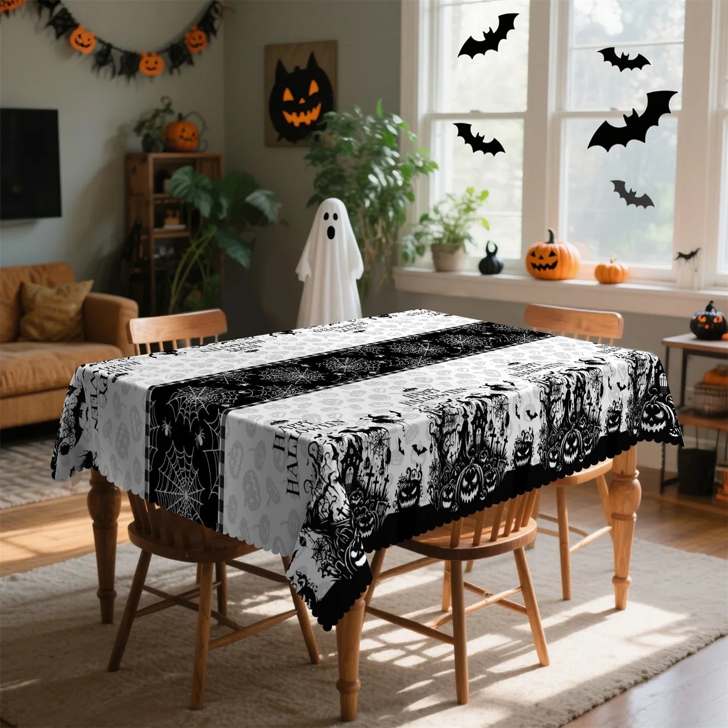 Witch cemetery Halloween tablecloth with pumpkin skeleton decor