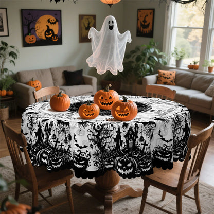 Witch cemetery Halloween tablecloth with pumpkin skeleton decor