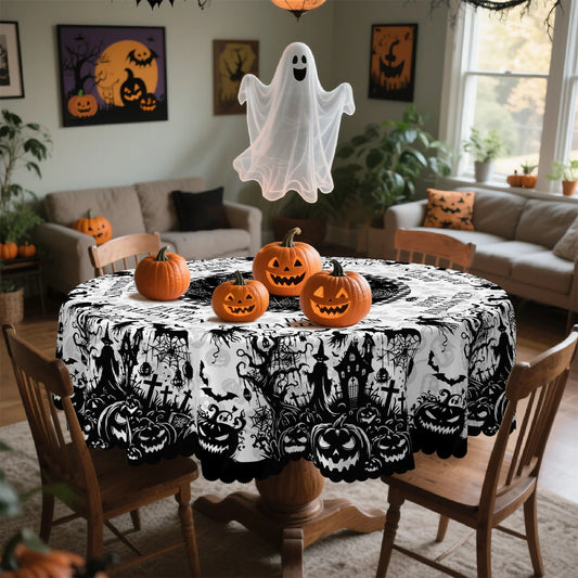 Witch cemetery Halloween tablecloth with pumpkin skeleton decor