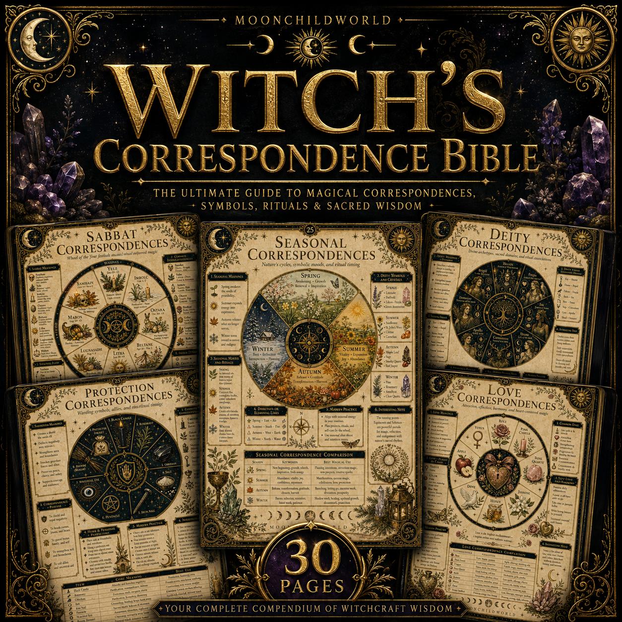Witch's correspondence printable grimoire pages featuring vintage-style charts on parchment paper with gold celestial accents.