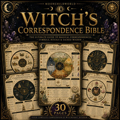 Witch's correspondence printable grimoire pages featuring vintage-style charts on parchment paper with gold celestial accents.