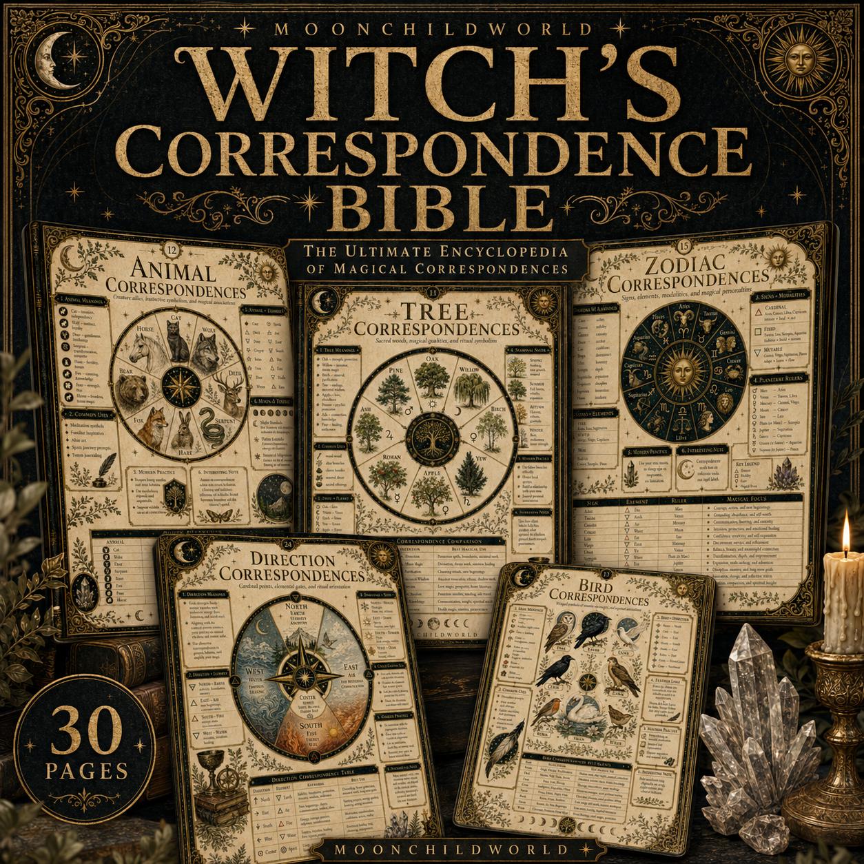 Printable grimoire pages with black and gold vintage designs featuring animal, tree, zodiac, and direction correspondence charts.