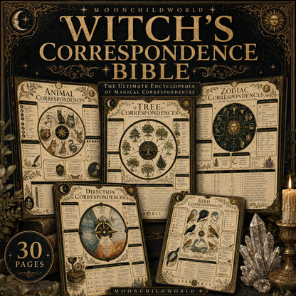 Printable grimoire pages with black and gold vintage designs featuring animal, tree, zodiac, and direction correspondence charts.