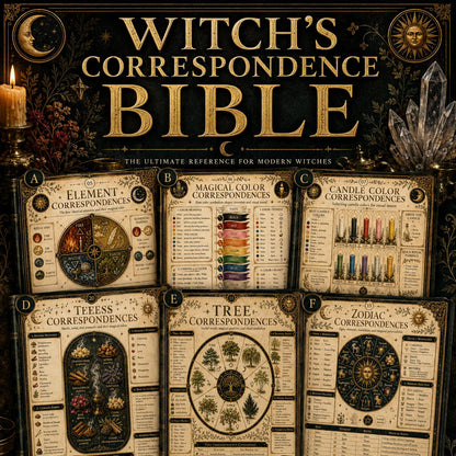 Witch's Correspondence Bible grimoire pages with gold-trimmed, vintage-style charts for herbs, crystals, and zodiac signs.