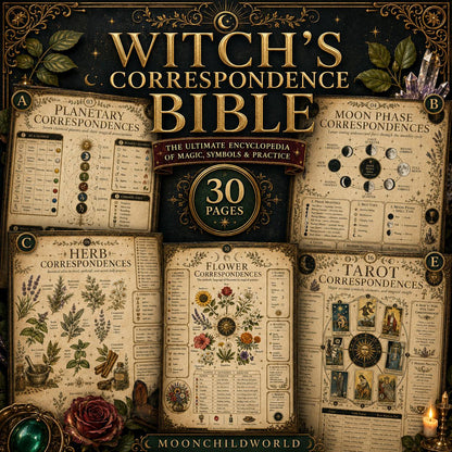 Printable grimoire pages featuring vintage-style charts for planetary, moon phase, herb, flower, and tarot correspondences.