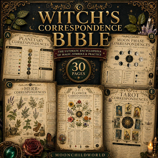 Printable grimoire pages featuring vintage-style charts for planetary, moon phase, herb, flower, and tarot correspondences.