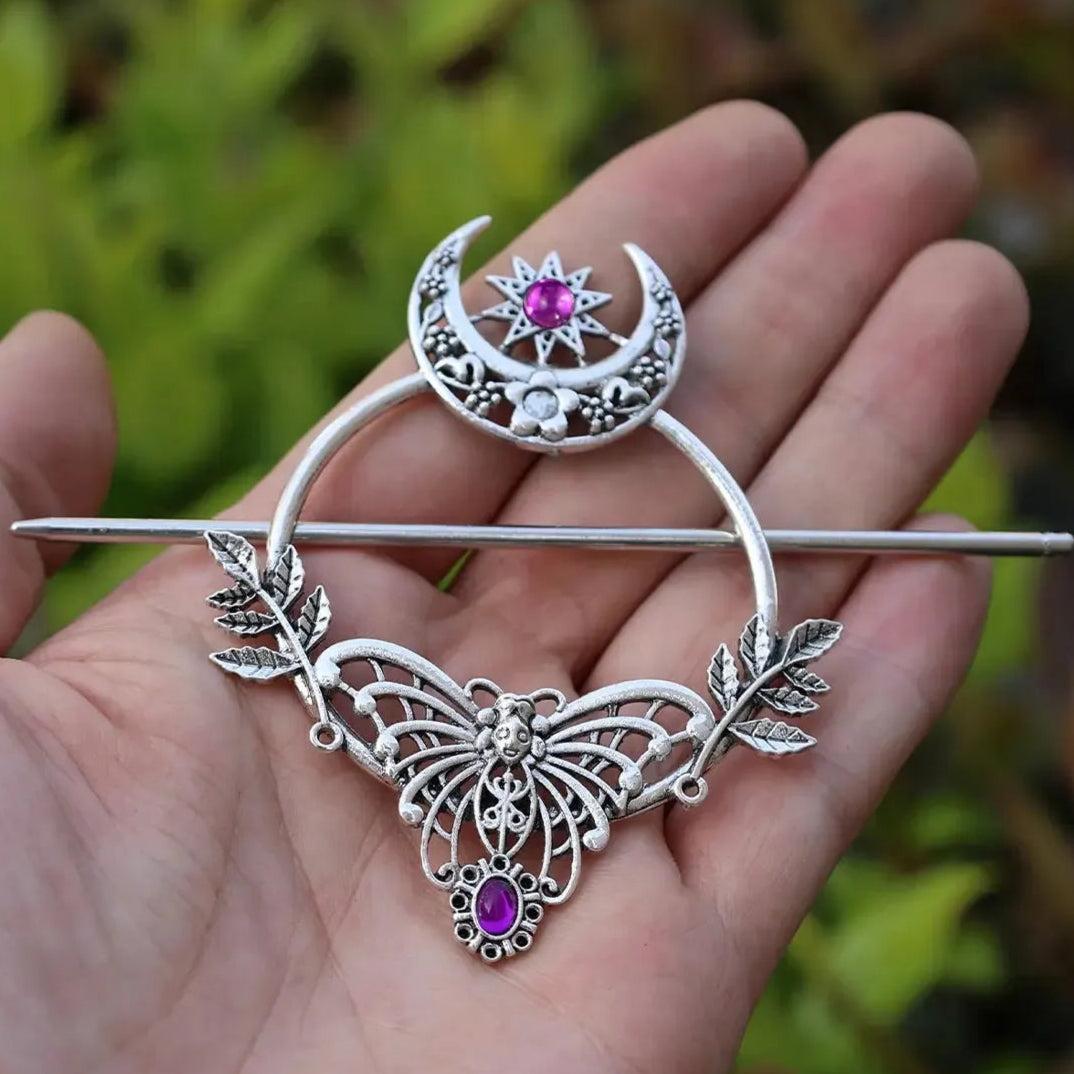 Witch Crystal Crescent Moon Death Moth Pagan Hairclip Wicca Hair Accessories-MoonChildWorld