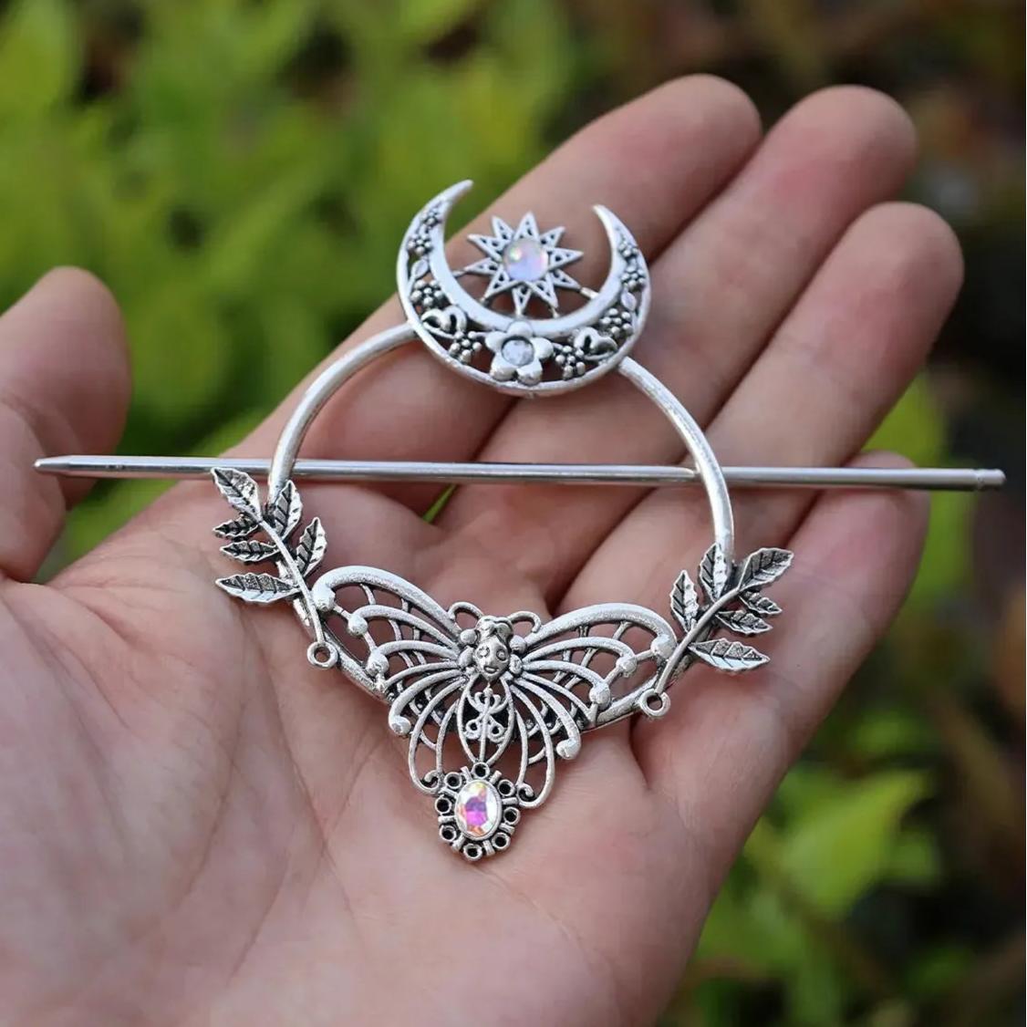 Witch Crystal Crescent Moon Death Moth Pagan Hairclip Wicca Hair Accessories-MoonChildWorld