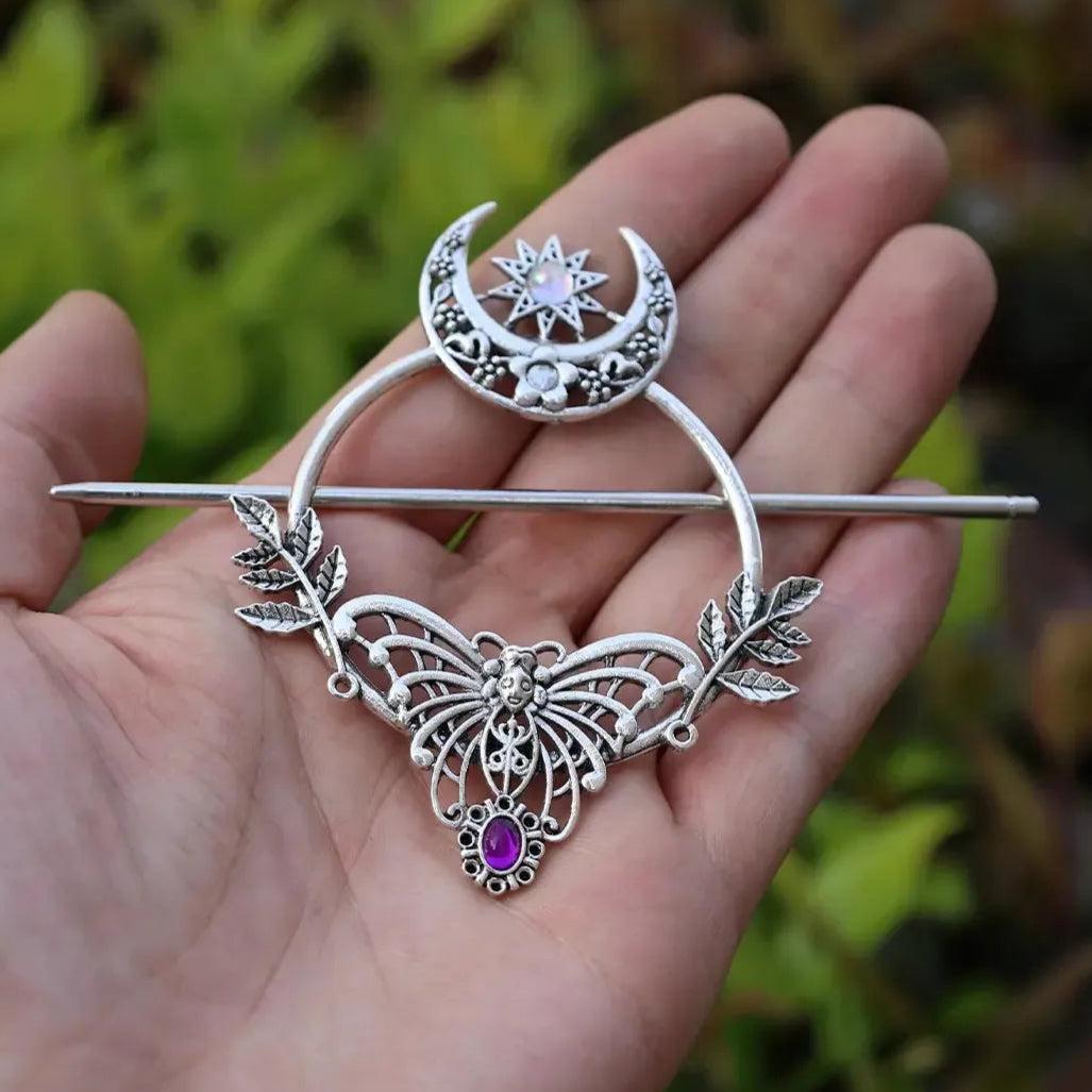 Witch Crystal Crescent Moon Death Moth Pagan Hairclip Wicca Hair Accessories-MoonChildWorld