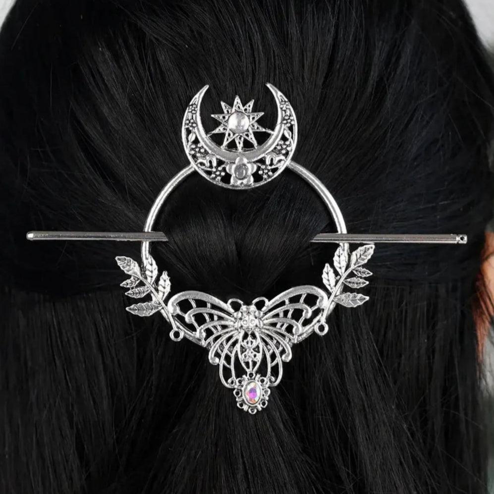 Witch Crystal Crescent Moon Death Moth Pagan Hairclip Wicca Hair Accessories-MoonChildWorld