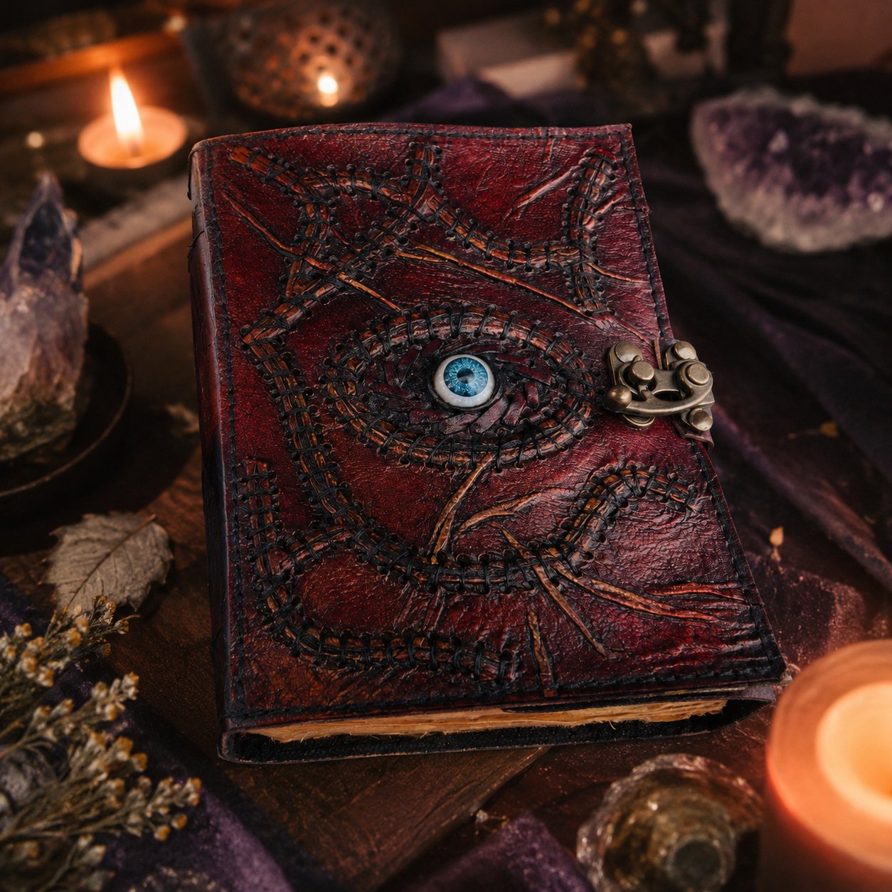 Witch Eye Hocus Pocus Leather Journal – Vintage Handmade Book of Shadows – leather journal, back cover view