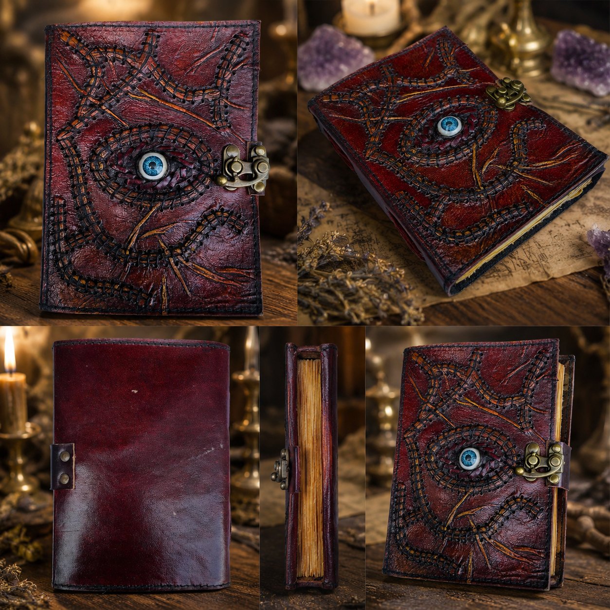 Witch Eye Hocus Pocus Leather Journal – Vintage Handmade Book of Shadows – leather journal, close-up cover detail