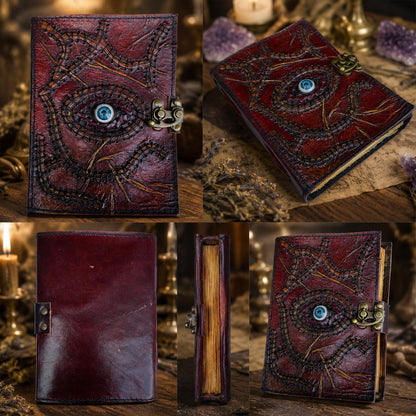 Witch Eye Hocus Pocus Leather Journal – Vintage Handmade Book of Shadows – leather journal, close-up cover detail