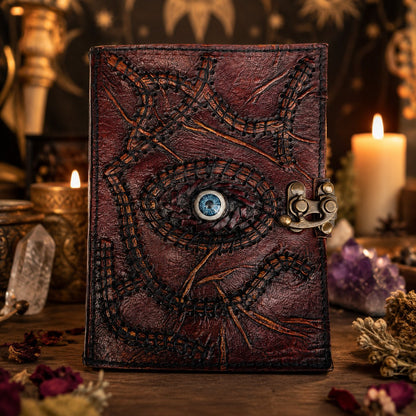 Witch Eye Hocus Pocus Leather Journal – Vintage Handmade Book of Shadows – leather journal, front cover view