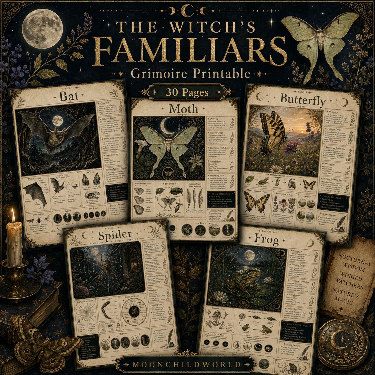 Witch's Familiars printable grimoire pages featuring vintage-style illustrations of bats, moths, butterflies, spiders, and frogs.