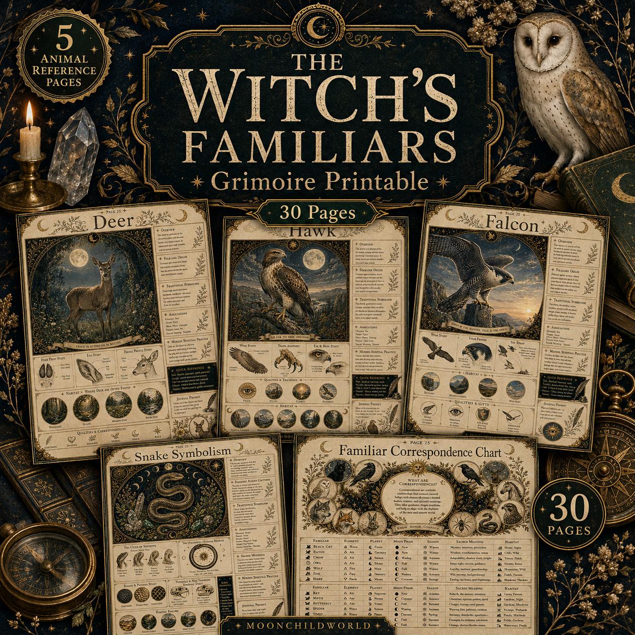 Witch's Familiars printable grimoire pages featuring vintage illustrations of deer, hawks, and falcons on aged parchment paper.
