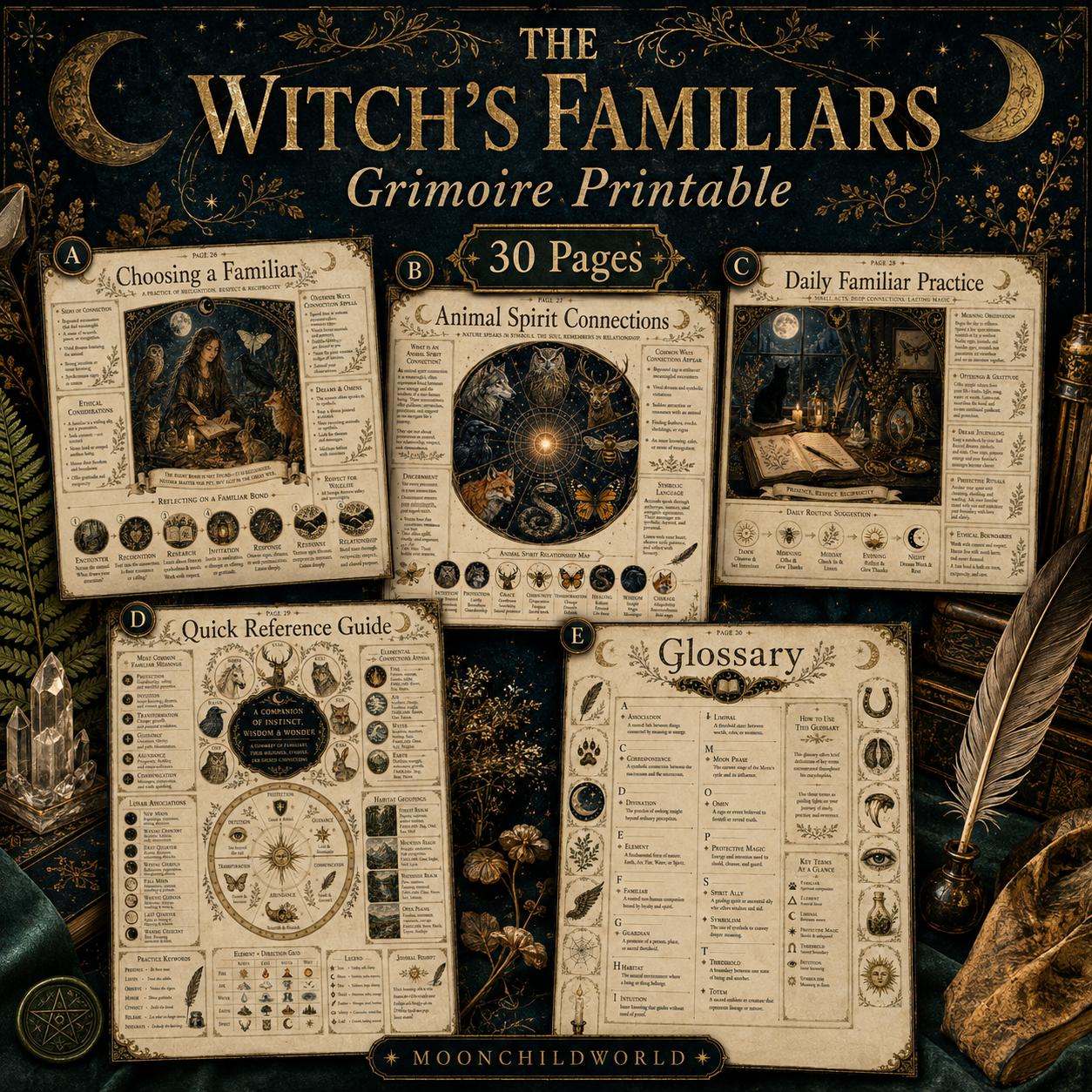Vintage-style grimoire pages featuring mystical animal illustrations, occult symbols, and parchment-textured layouts.