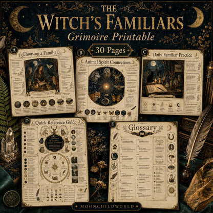Vintage-style grimoire pages featuring mystical animal illustrations, occult symbols, and parchment-textured layouts.