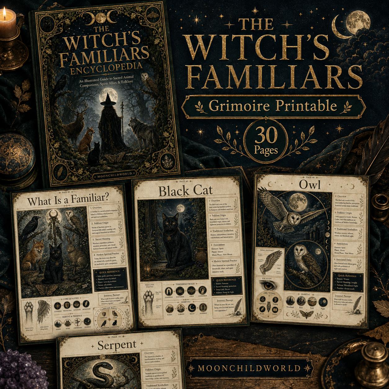Witch Familiars Grimoire pages featuring vintage-style illustrations of black cats, owls, and serpents on aged parchment paper.