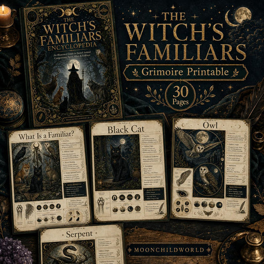 Witch Familiars Grimoire pages featuring vintage-style illustrations of black cats, owls, and serpents on aged parchment paper.