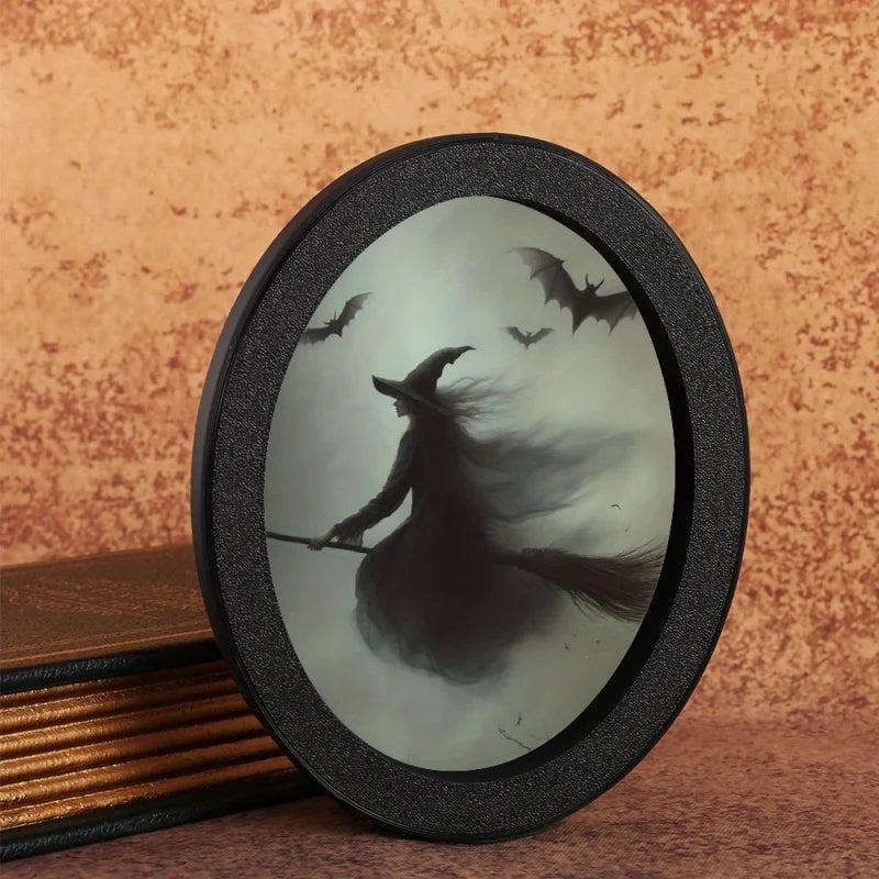 Witch Flying on a Broom Wooden Oval Frame - Gothic Oval Wall Art - Halloween Wall Decoration-MoonChildWorld