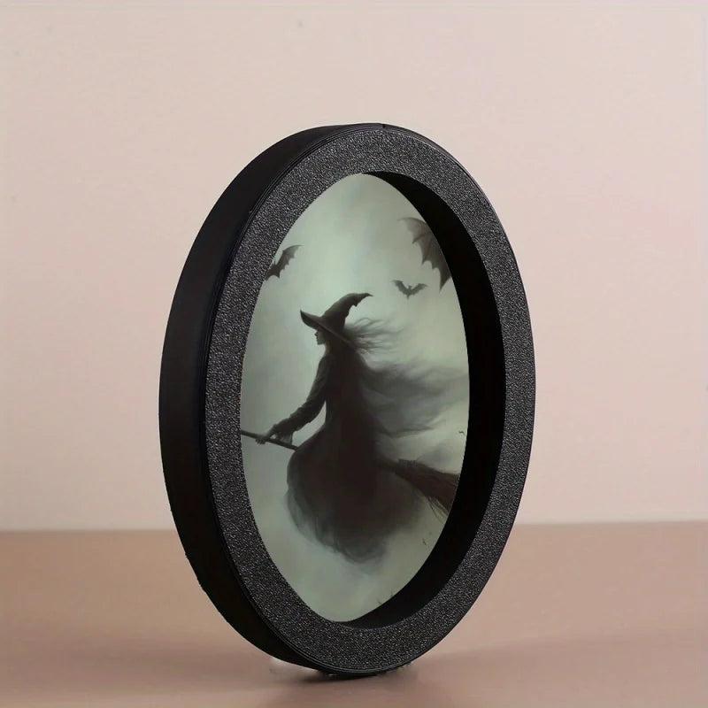 Witch Flying on a Broom Wooden Oval Frame - Gothic Oval Wall Art - Halloween Wall Decoration-MoonChildWorld