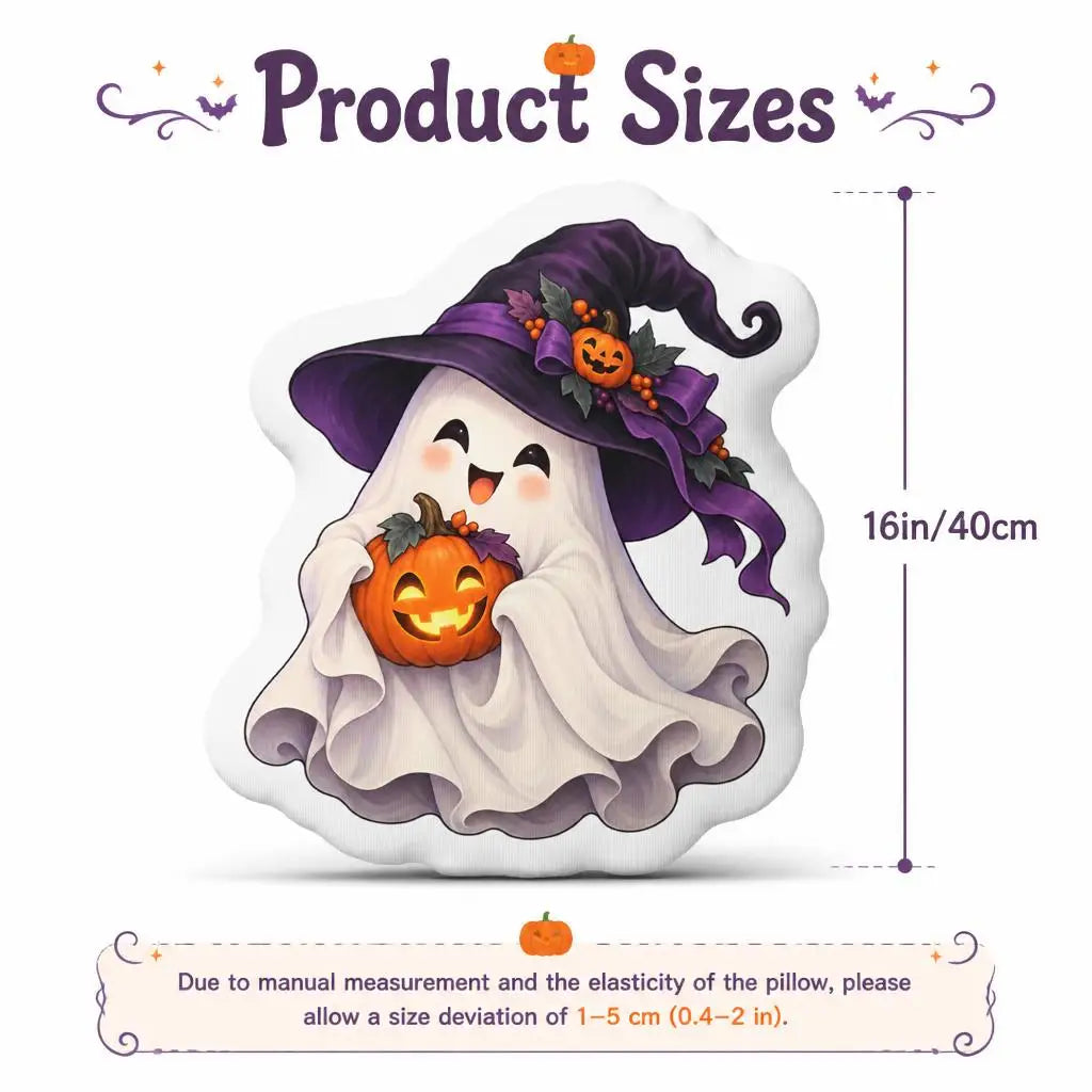 Size guide for witch ghost pumpkin plush pillow, showing 16 inches / 40 cm