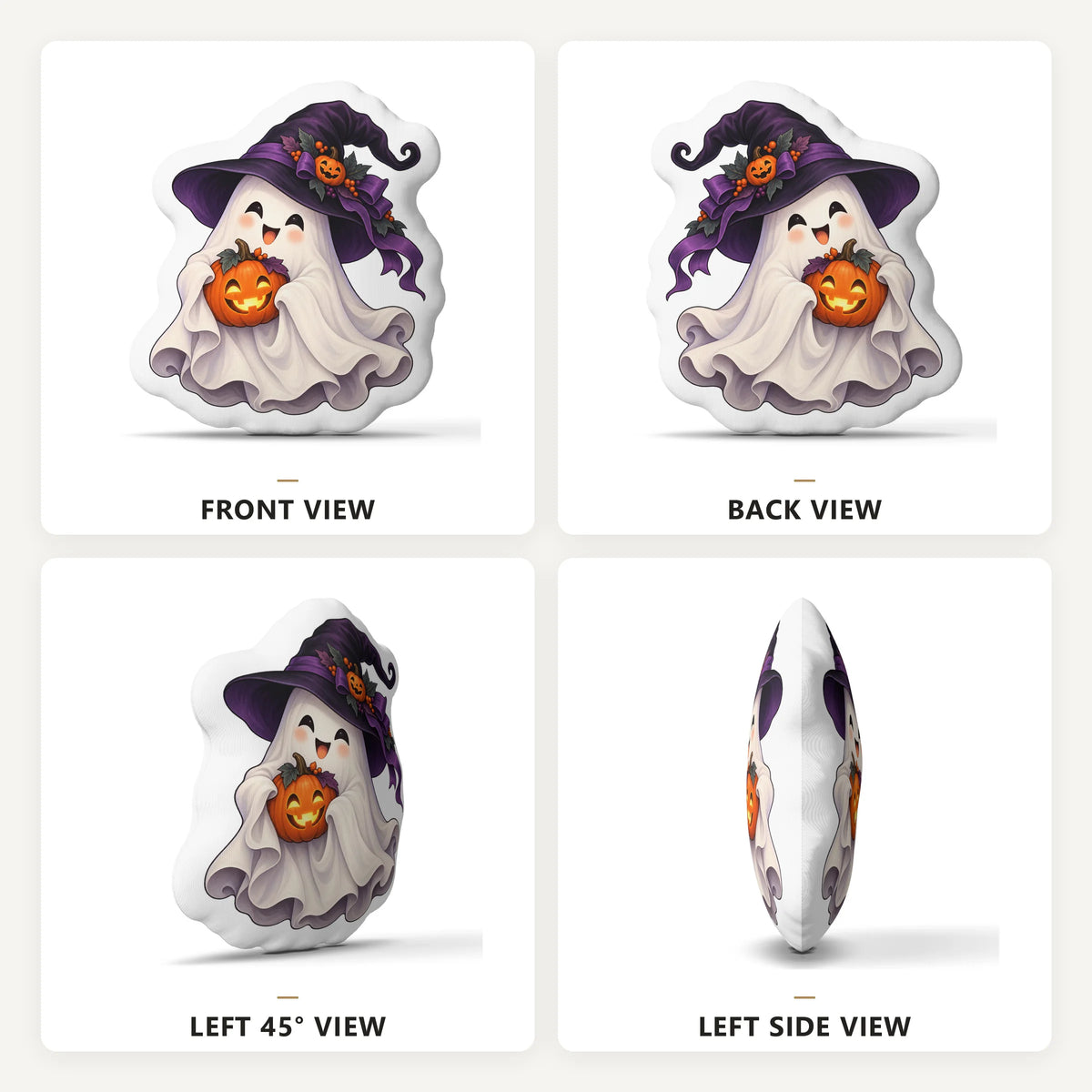 Front, back and side views: witch ghost pumpkin plush pillow with witch ghost and jack-o-lantern artwork