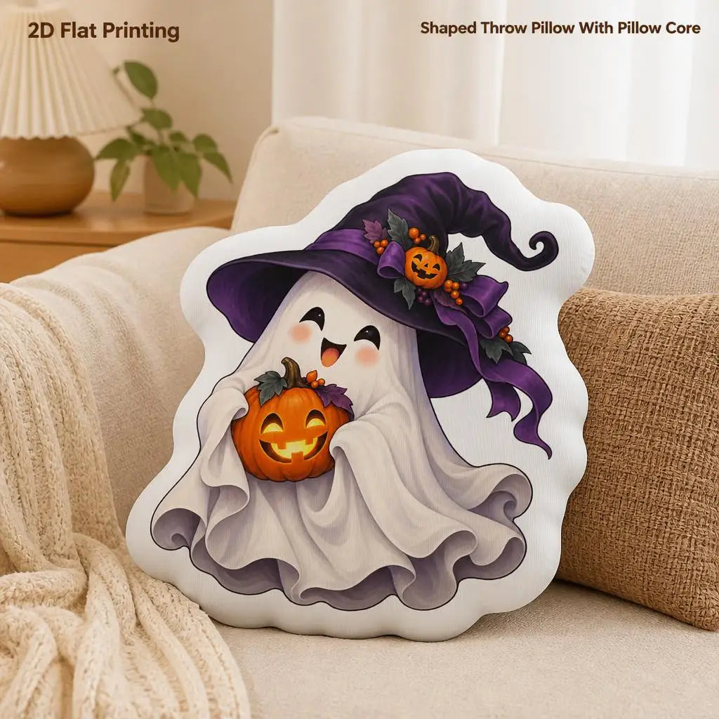 Printed pillow displayed on a sofa: witch ghost pumpkin plush pillow with witch ghost and jack-o-lantern artwork