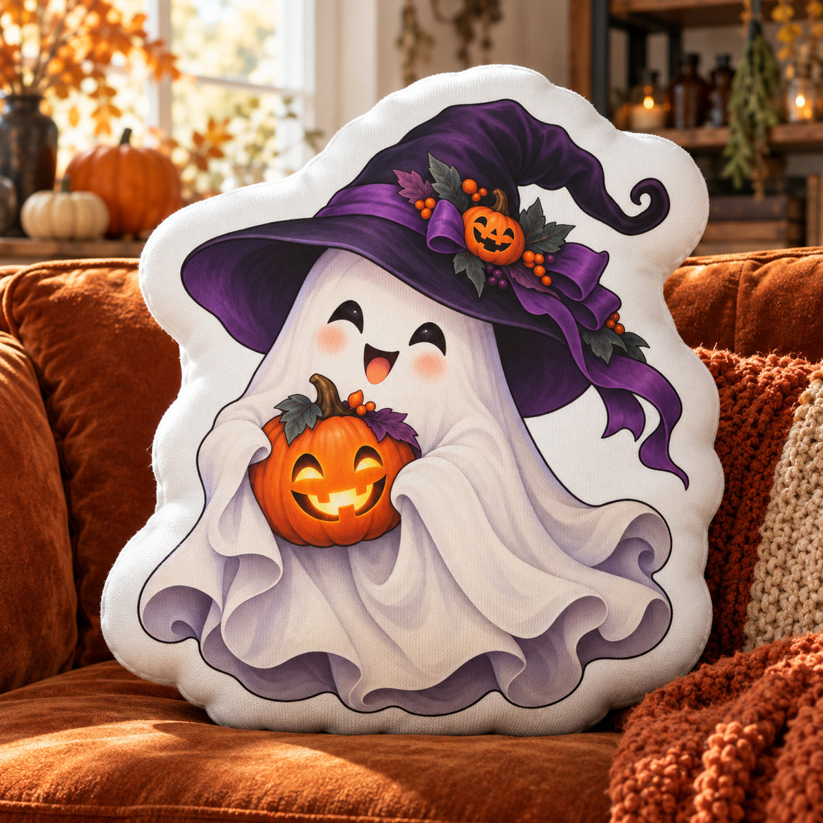 Witch Ghost Pumpkin Pillow in a sunlit witchy room