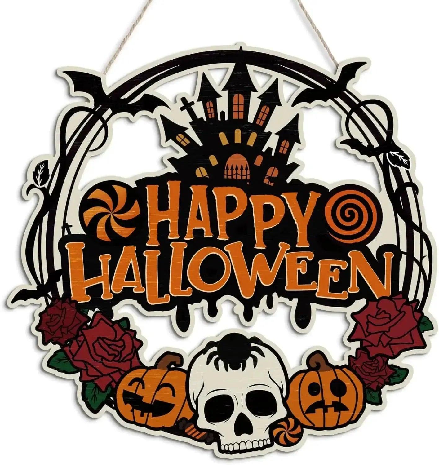 Witch Halloween Door Sign - Gothic Wood Welcome Hanger with Pumpkin & Horror Patterns for Spooky Decor-MoonChildWorld