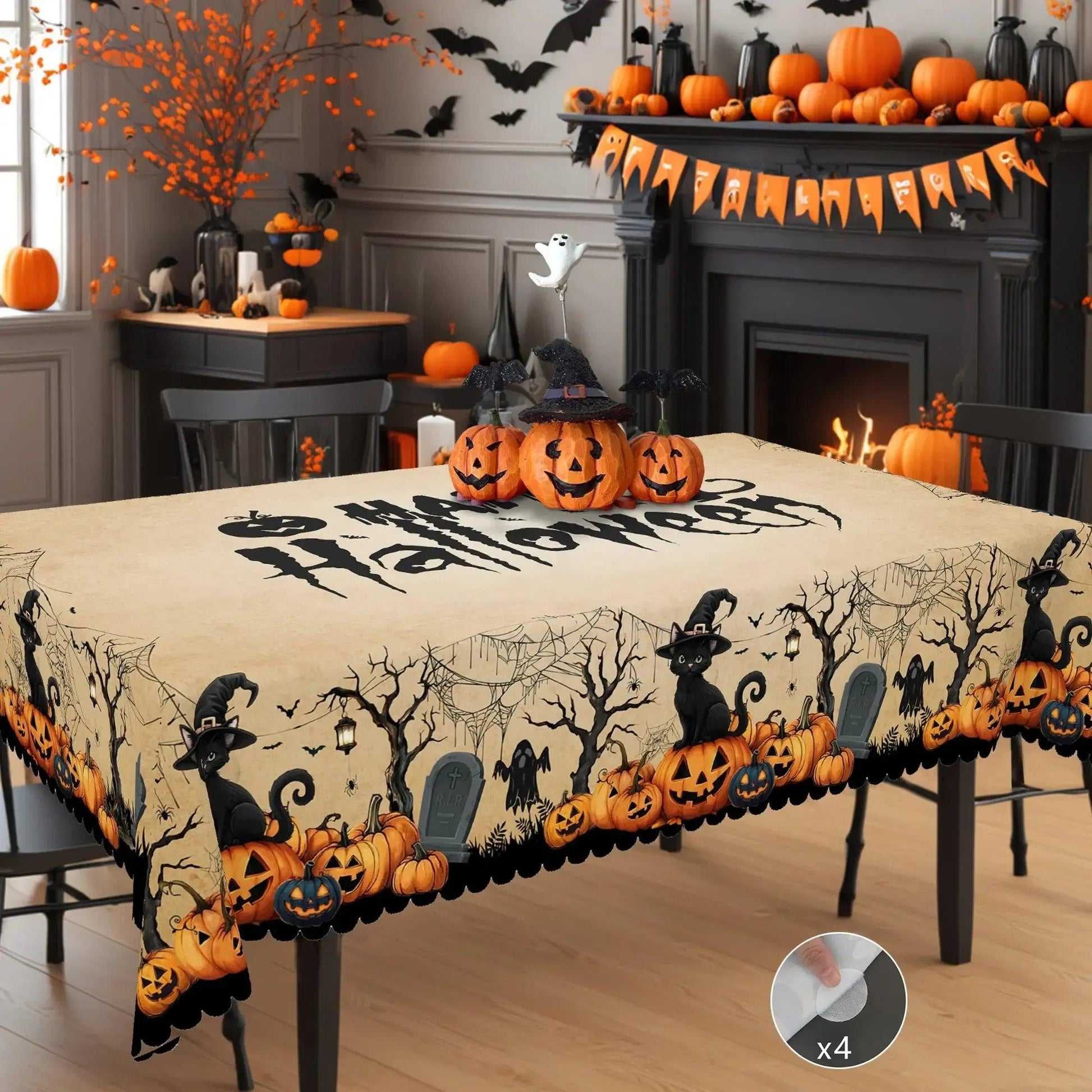 Witch Halloween Tablecloth - Pumpkin Black Cat Ghost Gothic Table cloth-MoonChildWorld