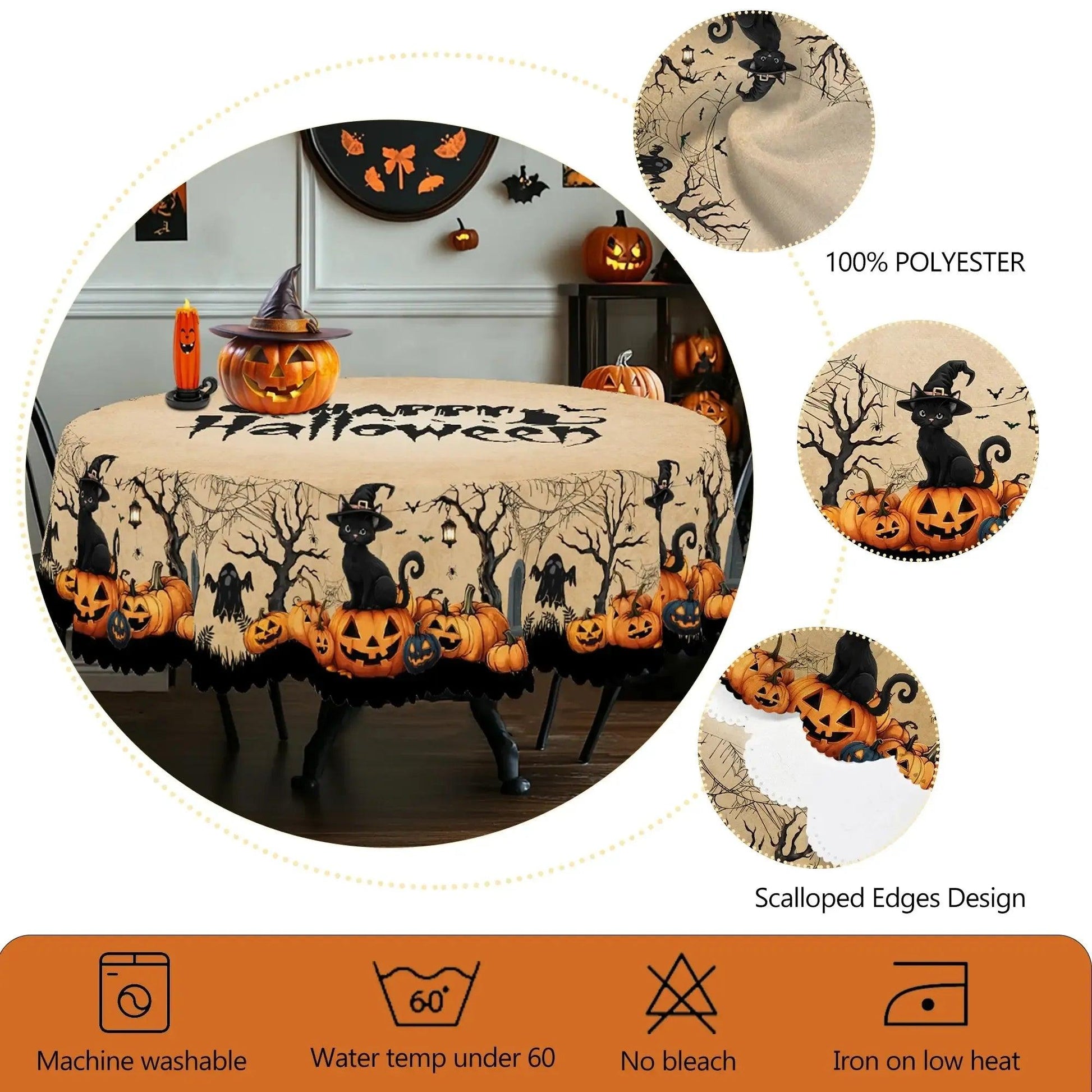 Witch Halloween Tablecloth - Pumpkin Black Cat Ghost Gothic Table cloth-MoonChildWorld
