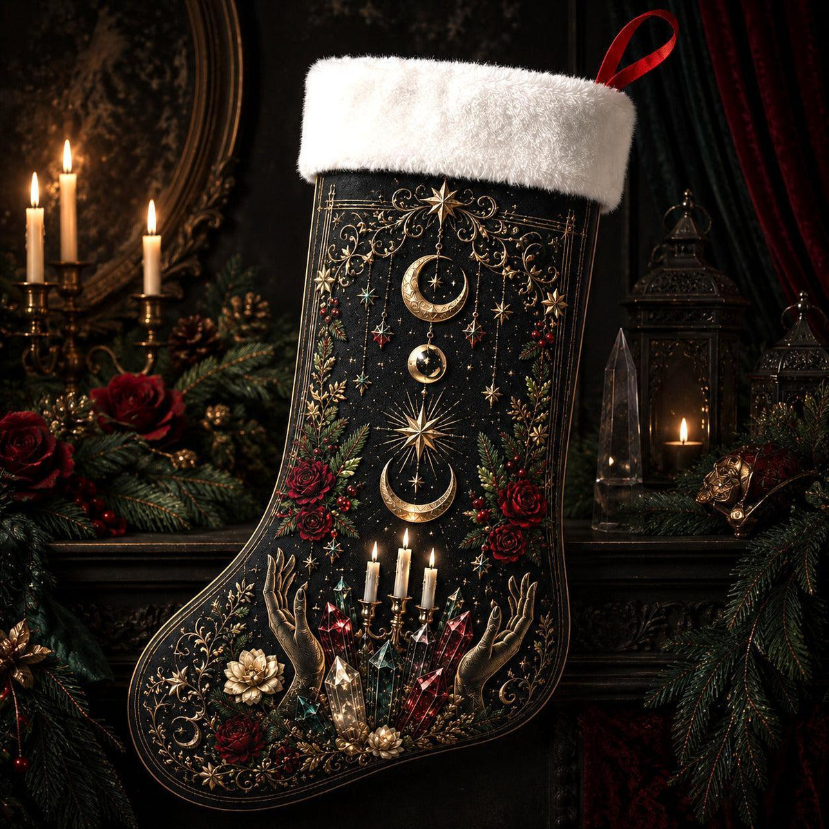 Witch Hands Candles Christmas Stocking Occult Ritual Yule Decor, styled shot 2