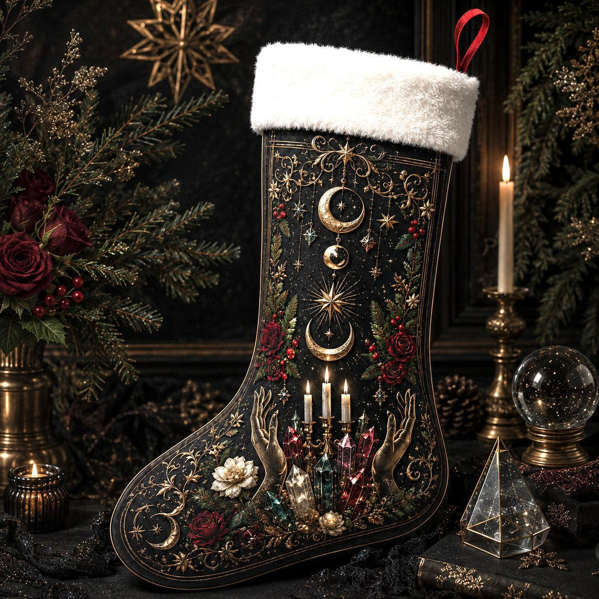 Witch Hands Candles Christmas Stocking Occult Ritual Yule Decor