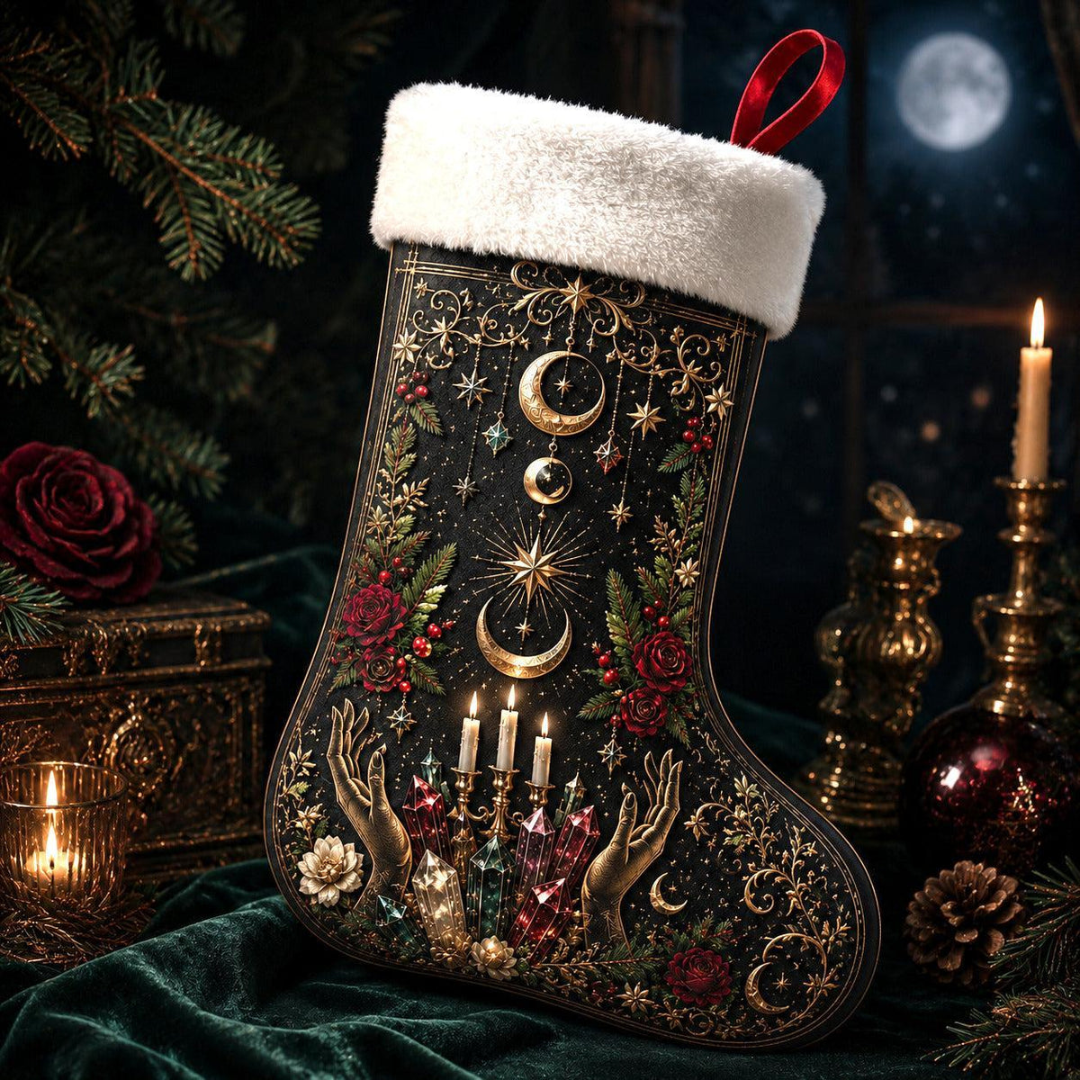 Witch Hands Candles Christmas Stocking Occult Ritual Yule Decor, styled shot 3