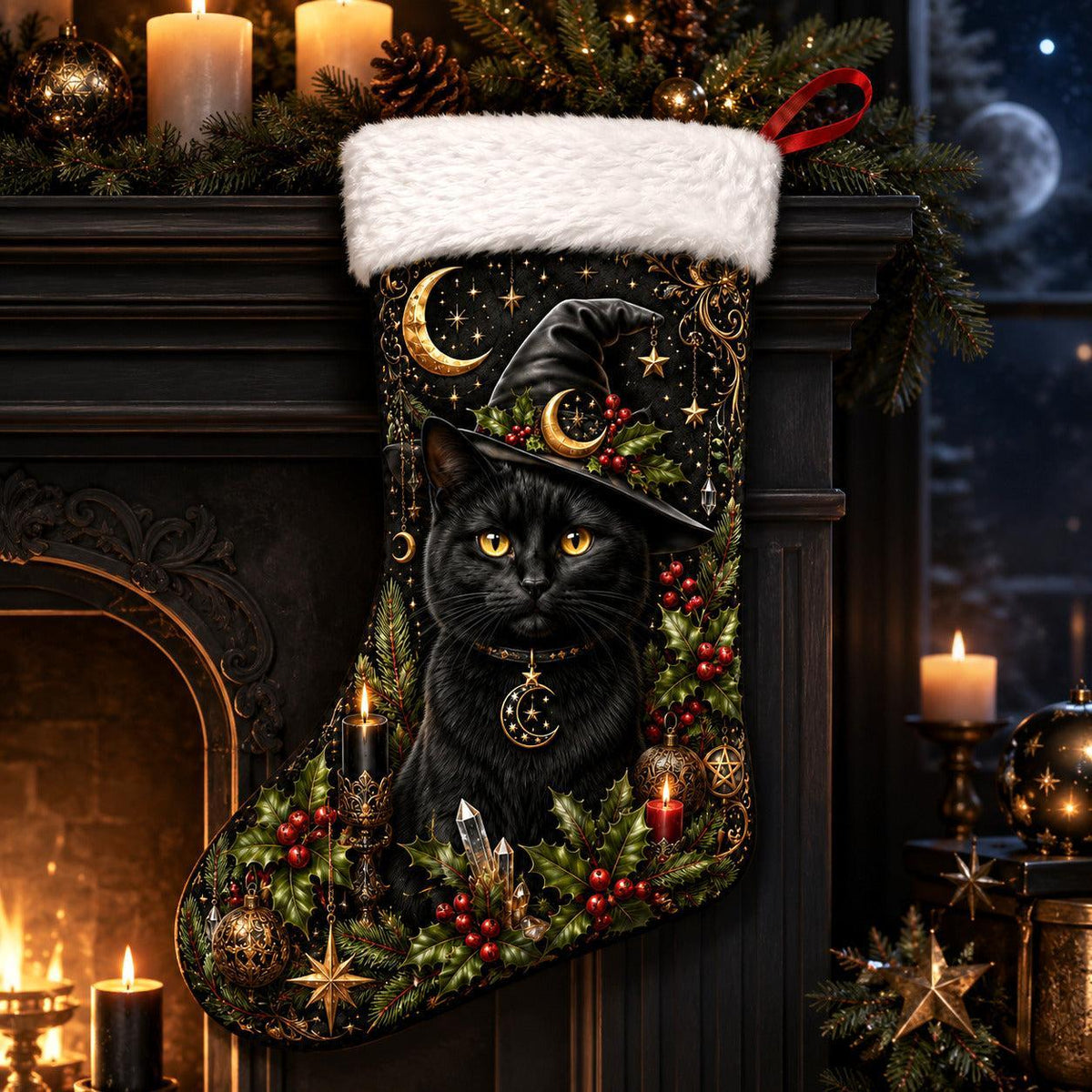 Witch Hat Black Cat Christmas Stocking Holly Witchy Yule Decor