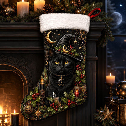 Witch Hat Black Cat Christmas Stocking Holly Witchy Yule Decor