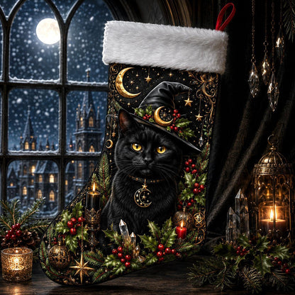Witch Hat Black Cat Christmas Stocking Holly Witchy Yule Decor, styled shot 2