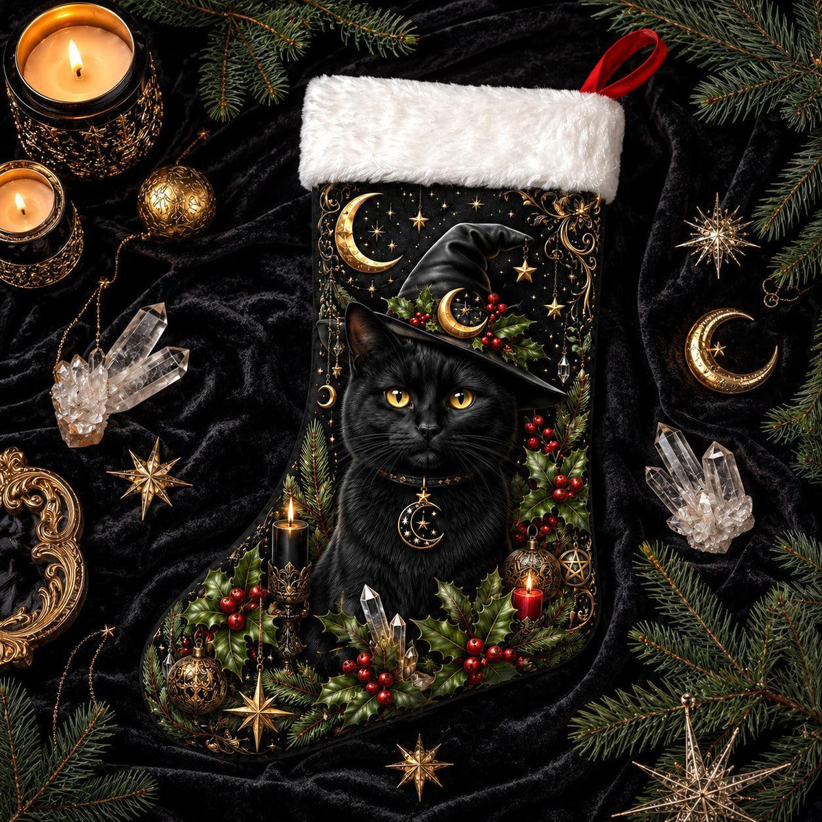 Witch Hat Black Cat Christmas Stocking Holly Witchy Yule Decor, styled shot 3
