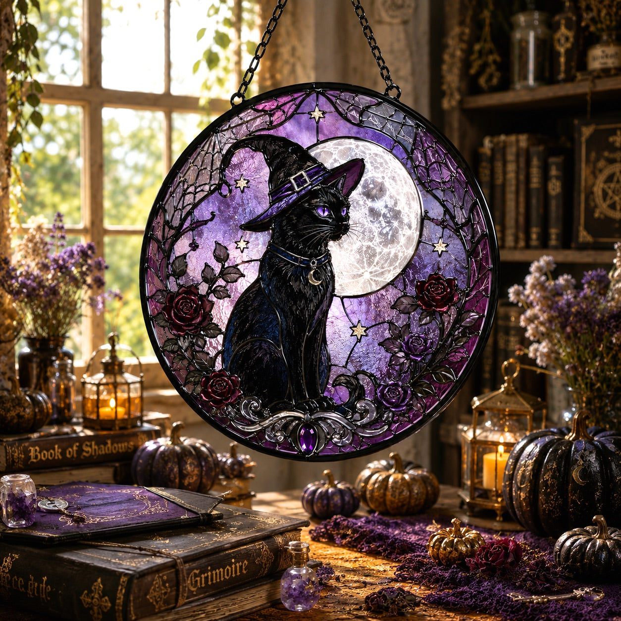 Witch Hat Black Cat Glass Suncatcher - sunlight glow