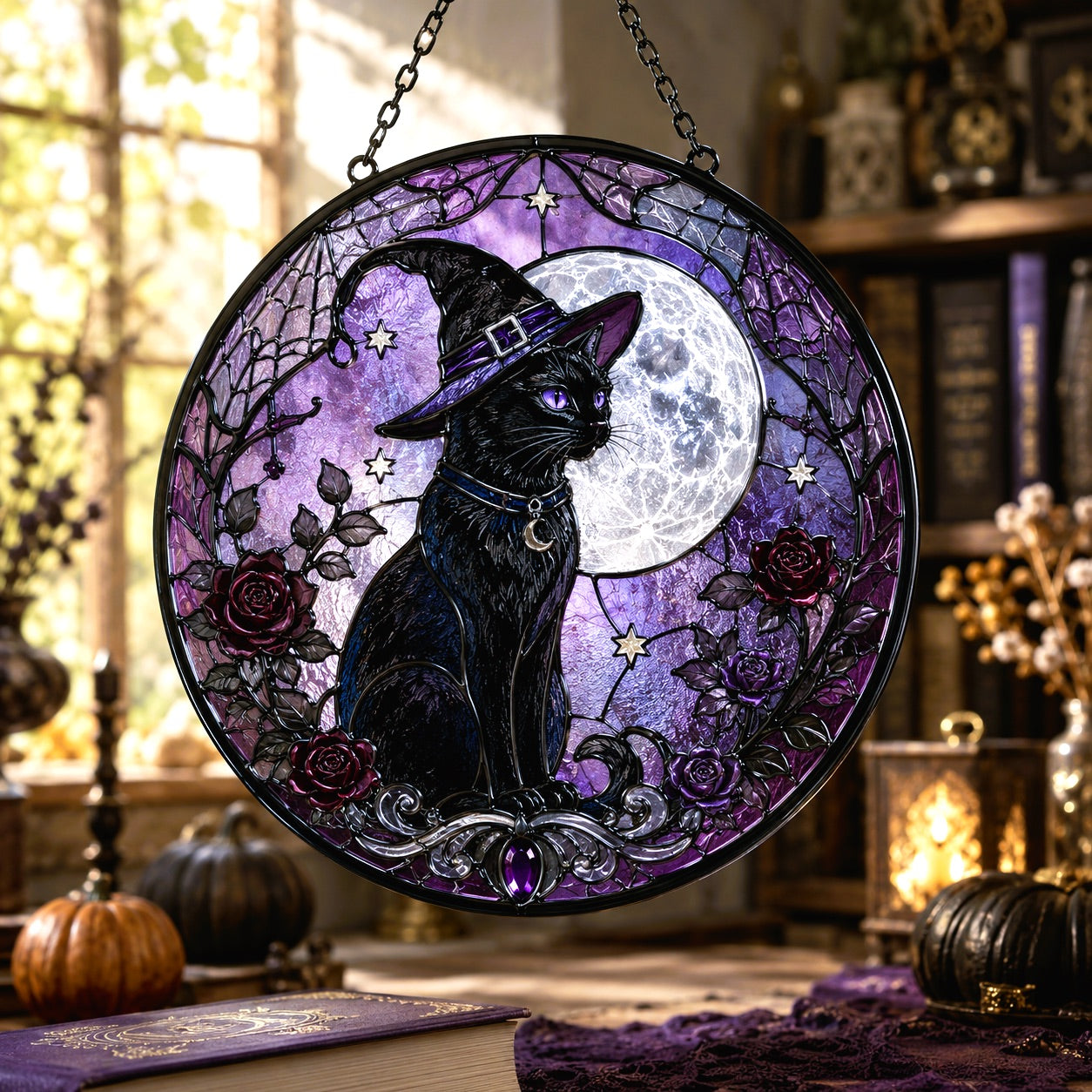 Witch Hat Black Cat Glass Suncatcher - window display