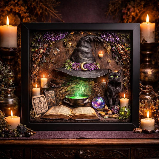 Witch Hat Black Cat Halloween Decor - Gothic Black Framed Art Print Canvas for Dark & Mystical Spaces-MoonChildWorld