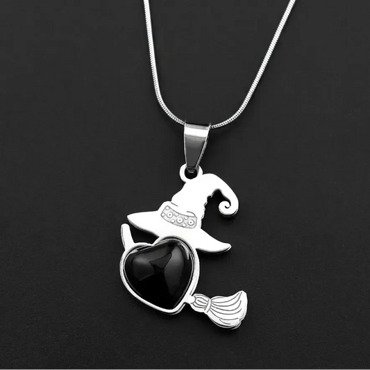 Witch Hat & Broom Heart Necklace, Stainless Steel Gothic, product view 3 of 4