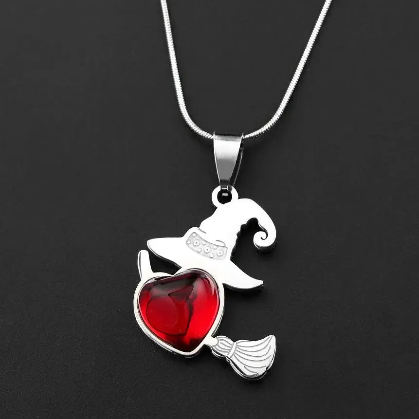 Witch Hat & Broom Heart Necklace, Stainless Steel Gothic, product view 4 of 4