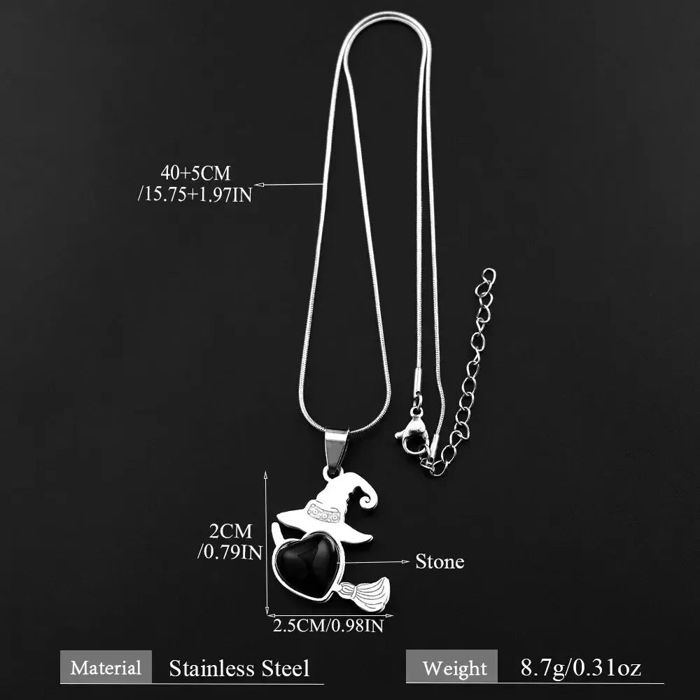 Witch Hat & Broom Heart Necklace, Stainless Steel Gothic, product view 2 of 4