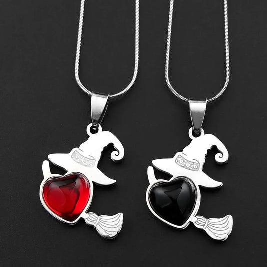 Witch Hat & Broom Heart Necklace, Stainless Steel Gothic, product view 1 of 4