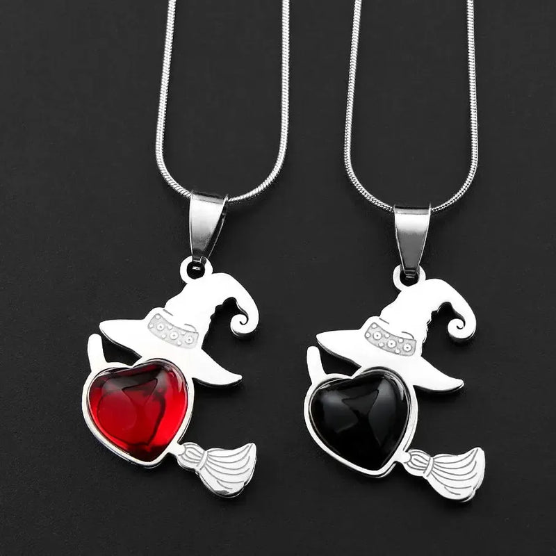 Witch Hat & Broom Heart Necklace – Gothic Jewelry for Halloween