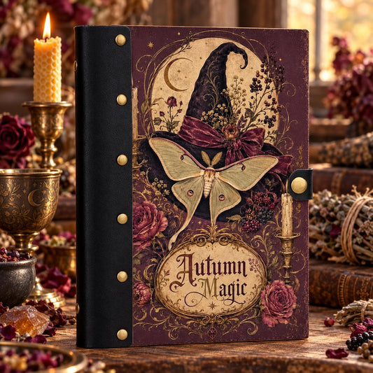 Witch Hat Luna Moth Journal on a candlelit pagan ritual altar